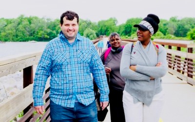 Hikers on the Lower Yahara River Trail boardwalk