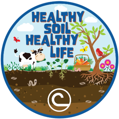 Healthy Soil Healthy Life logo showing a cow munching on some plants next to a tree and a basket of carrots.